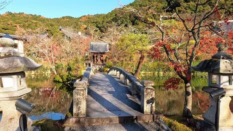 beautiful autumn view of hojo pond at eikando or zenrin-ji temple in kyoto, japan