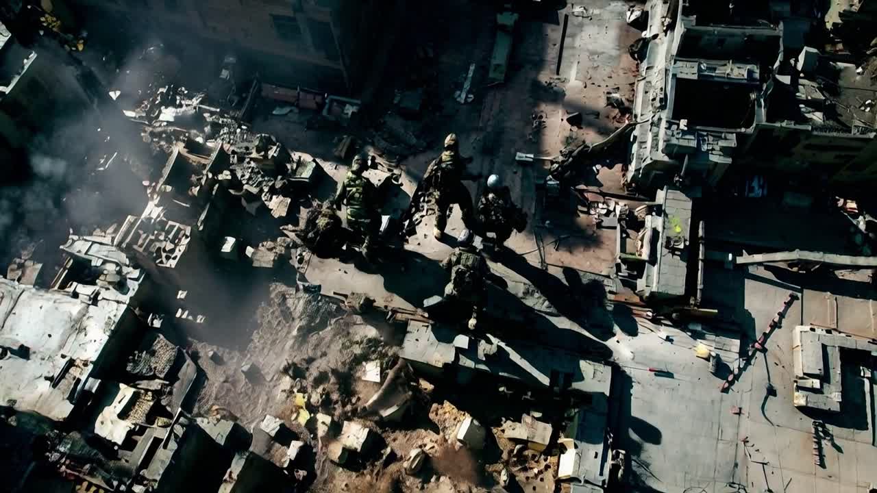 soldados en una ciudad destruida