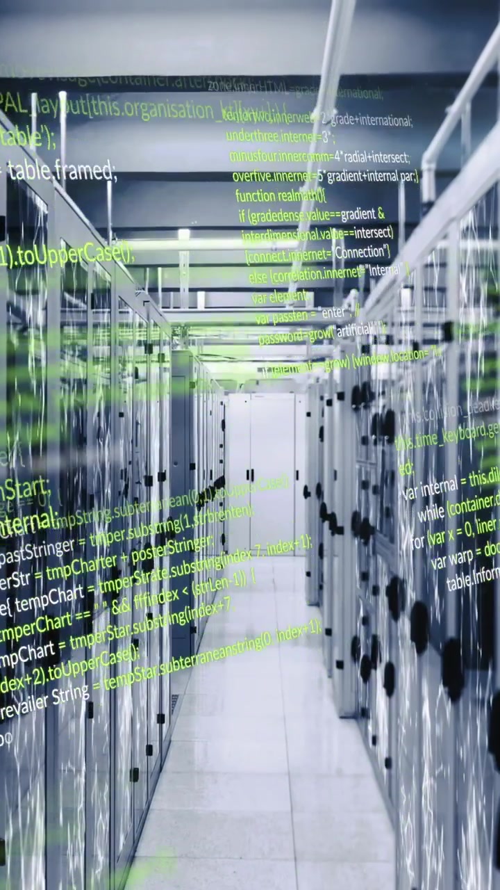 Animation of programming languages and illuminated connected dots moving on data server systems