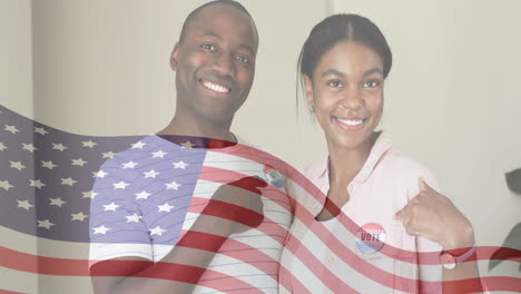 smiling people with vote badges over waving american flag animation