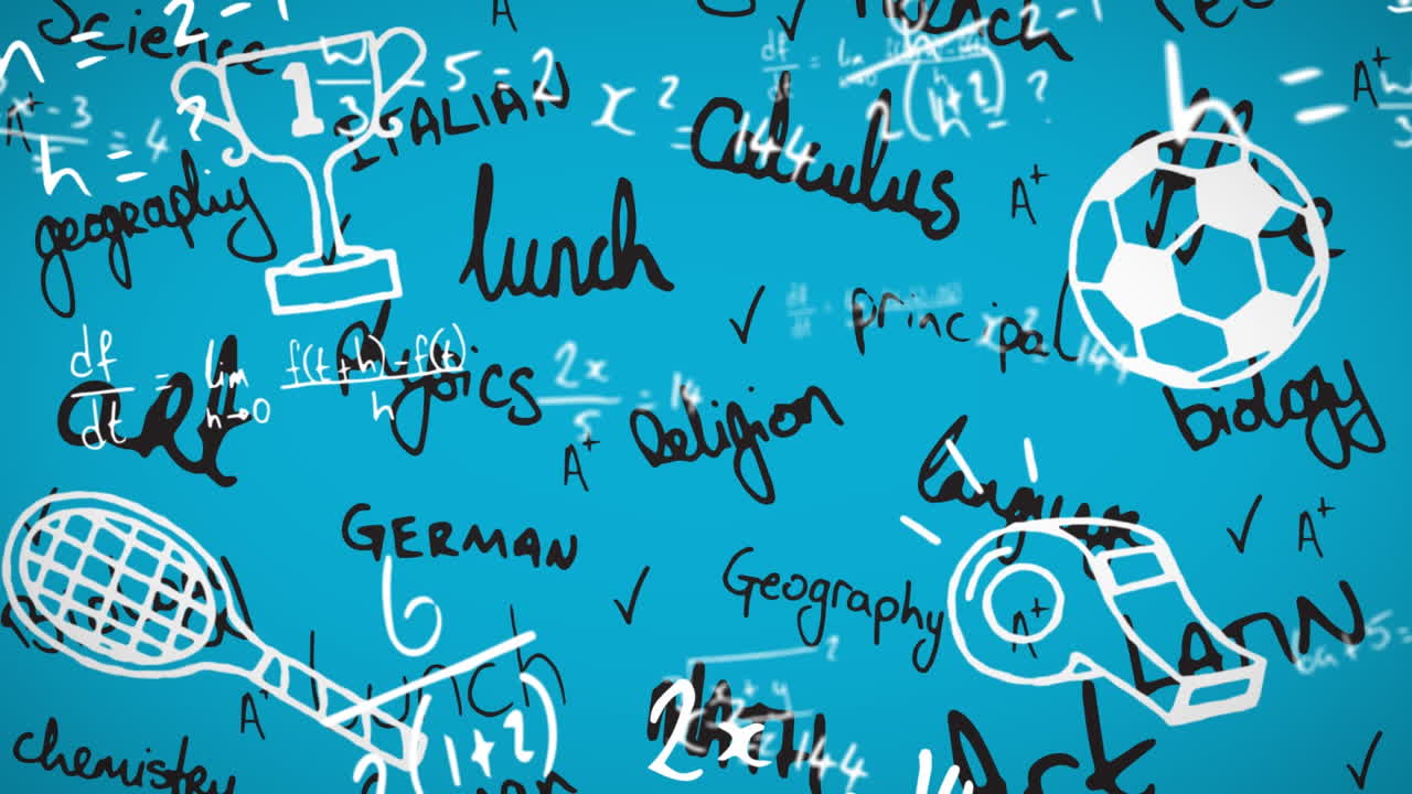 Animation of words and icons on blue background