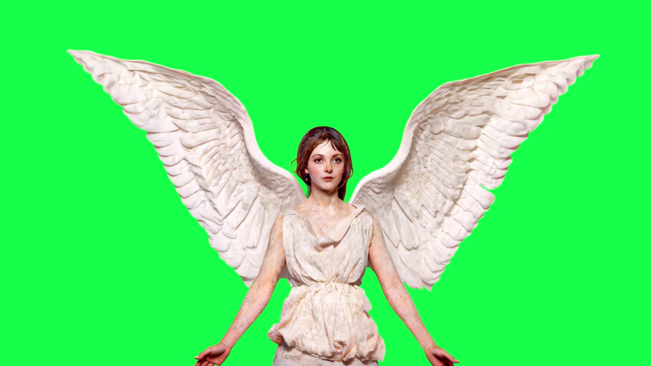 Angel Figure with Flapping Wings on Green Screen