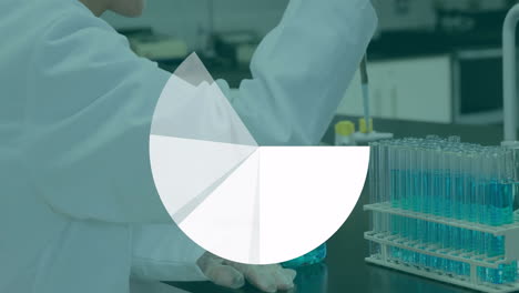 animación del procesamiento de datos del gráfico de pastel sobre una científica caucásica en el laboratorio