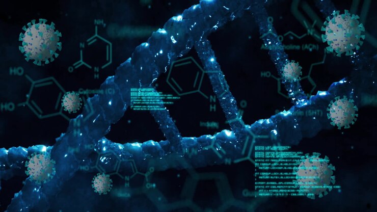Animation of viruses and data processing over dna on black background
