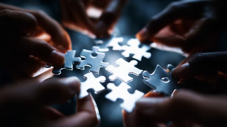 A Collaborative Effort in Puzzle Solving: Hands Coming Together to Assemble Unique Metallic Puzzle Pieces Displaying Teamwork, Creativity, and Connection Amidst a Enigmatic Background