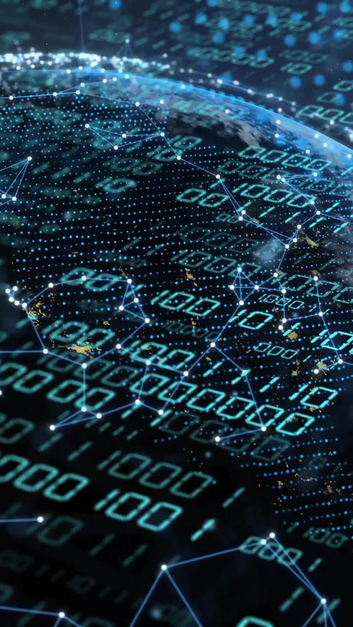 Animation of globe with binary coding and data processing over dark background