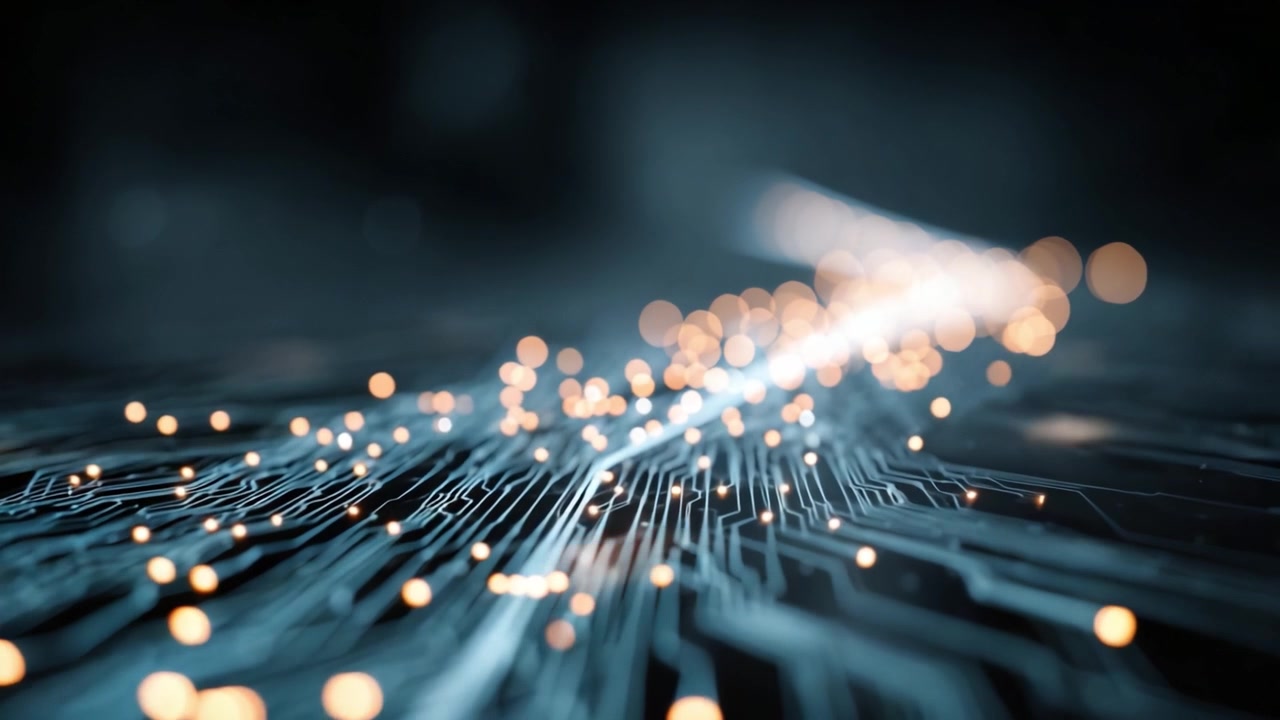 A captivating visual exploration of a complex circuit board, illuminated by glowing particles that illustrate the intricate connections and pathways of modern technology