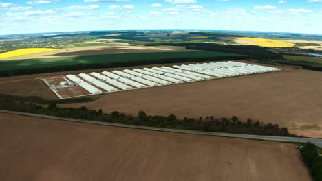exterior of large farm on an agricultural field. modern factory with white buildings on nature background. aerial view.