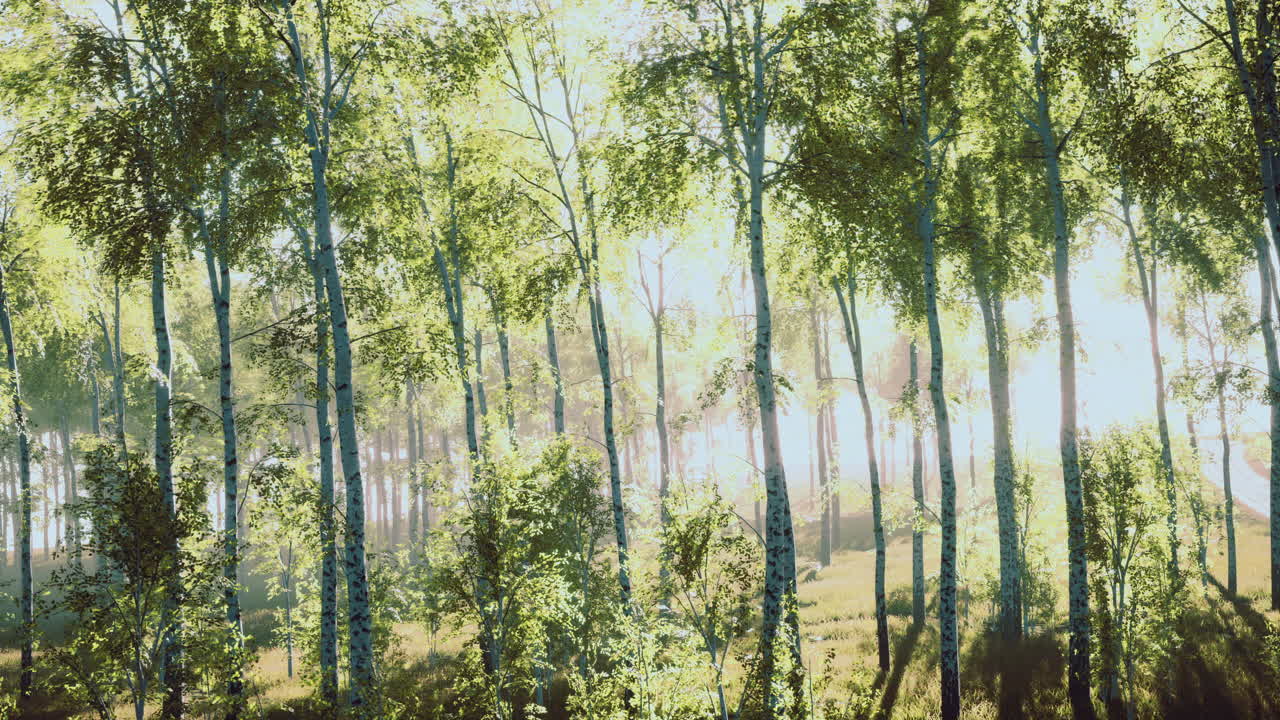 Sunlight filtering through lush green trees in a tranquil forest