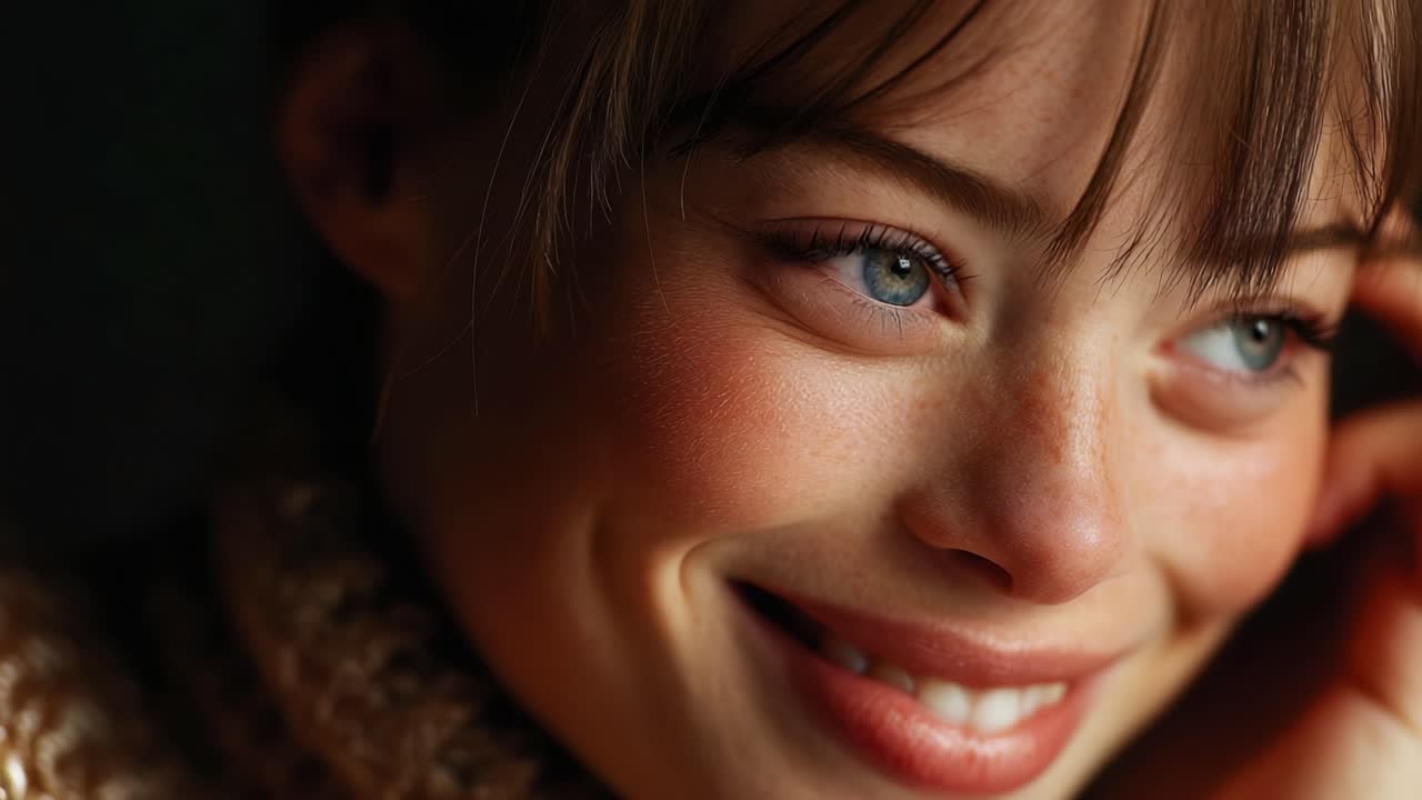Captivating Portrait of a Smiling Young Woman with Beautiful Blue Eyes, Radiating Joy and Warmth in a Softly Lit Setting, Emphasizing Natural Beauty and Charisma
