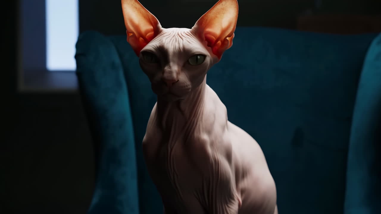 Gatto Sphynx su una sedia color ottanio, illuminazione da studio drammatica a bassa chiave che proietta ombre sulla pelle senza pelo, orecchie grandi.