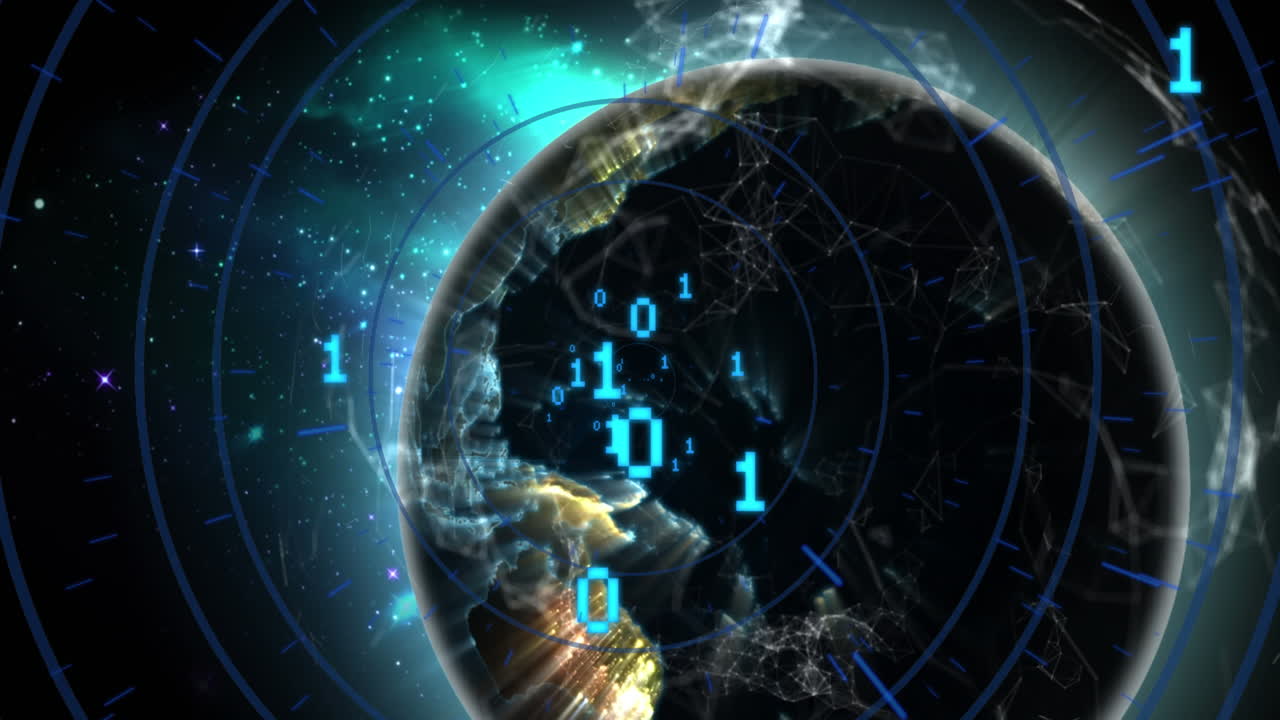 Animation of illuminated binary codes with circles and connected dots over rotating globe