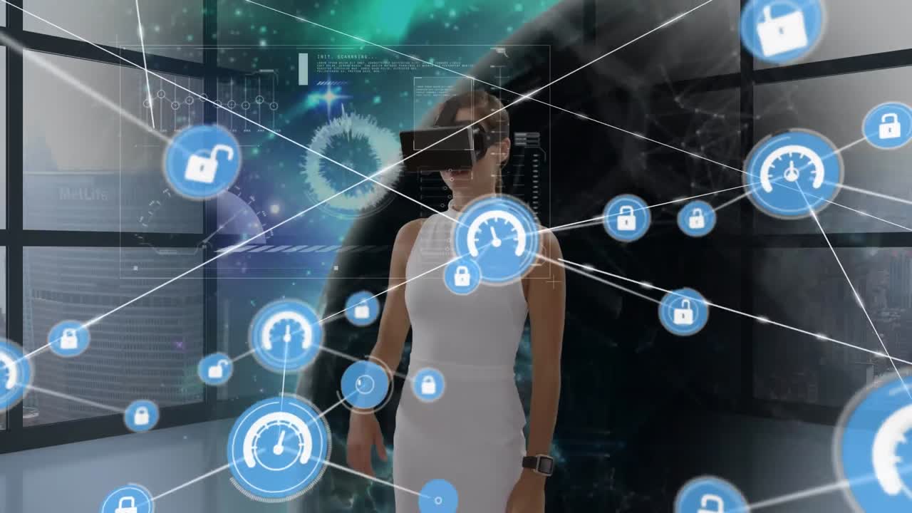 animación de una red de conexiones con iconos sobre una mujer de negocios con auriculares vr