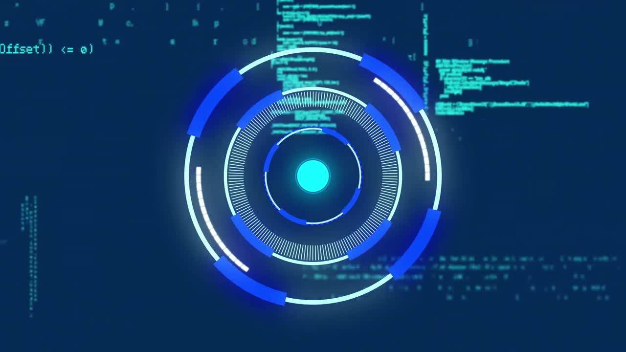 Animation of neon round scanner and data processing against blue background