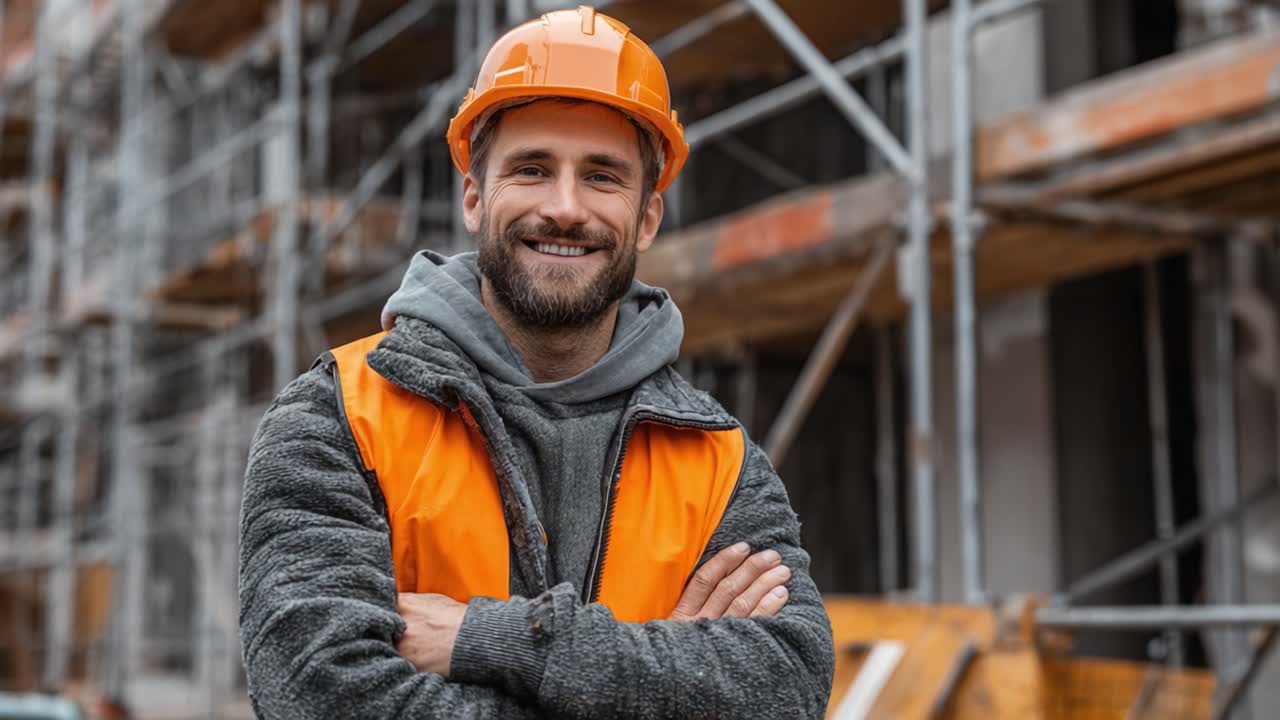 Confident Construction Worker Smiling at the Job Site with Safety Gear and Orange Vest, Surrounded by Scaffolding and Building Materials, Ready to Tackle the Day's Challenges