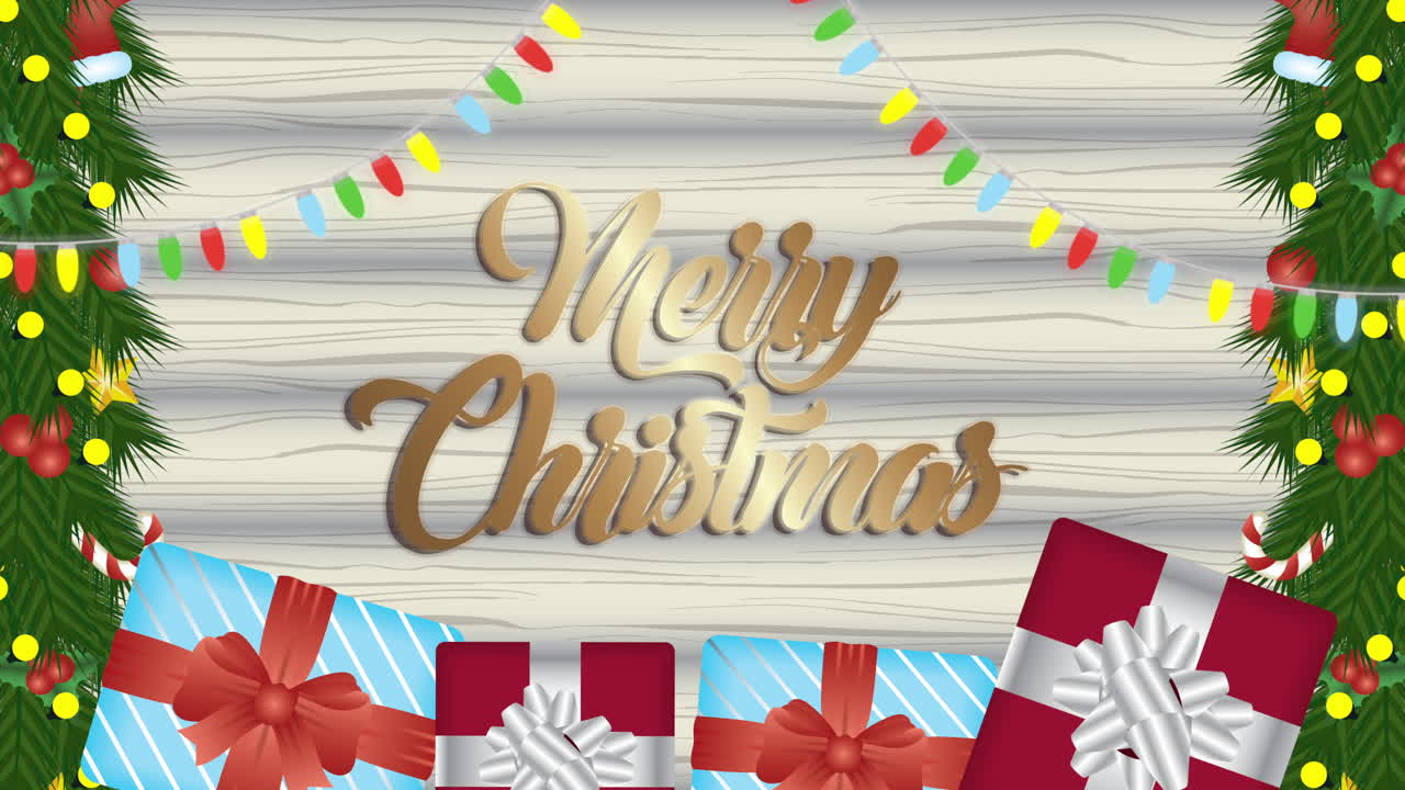 나무 바탕에 선물과 함께 해리 크리스마스 애니메이션