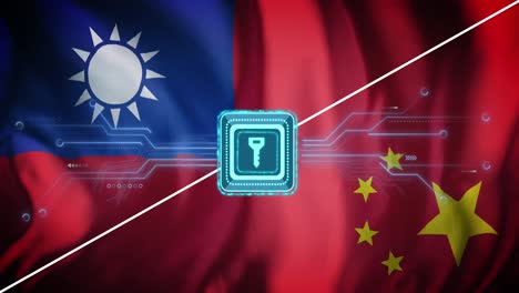 animación de candado, placa de circuitos informáticos y procesamiento de datos sobre la bandera de taiwán y china