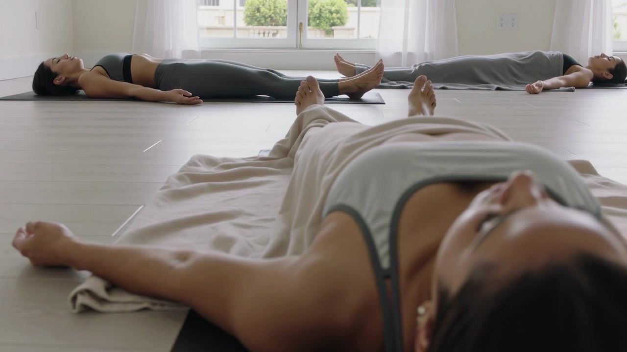 Lying front woman in sportsbra holding supine pose during cool-down at studio on yoga mat, blanket