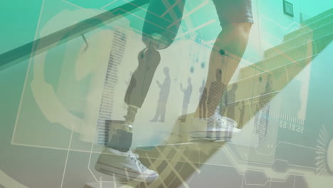 prosthetic legs walking up stairs with digital data overlay animation