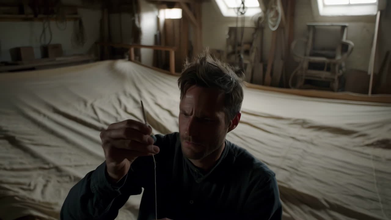 A Man Concentrating on Sewing or Crafting in a Workshop