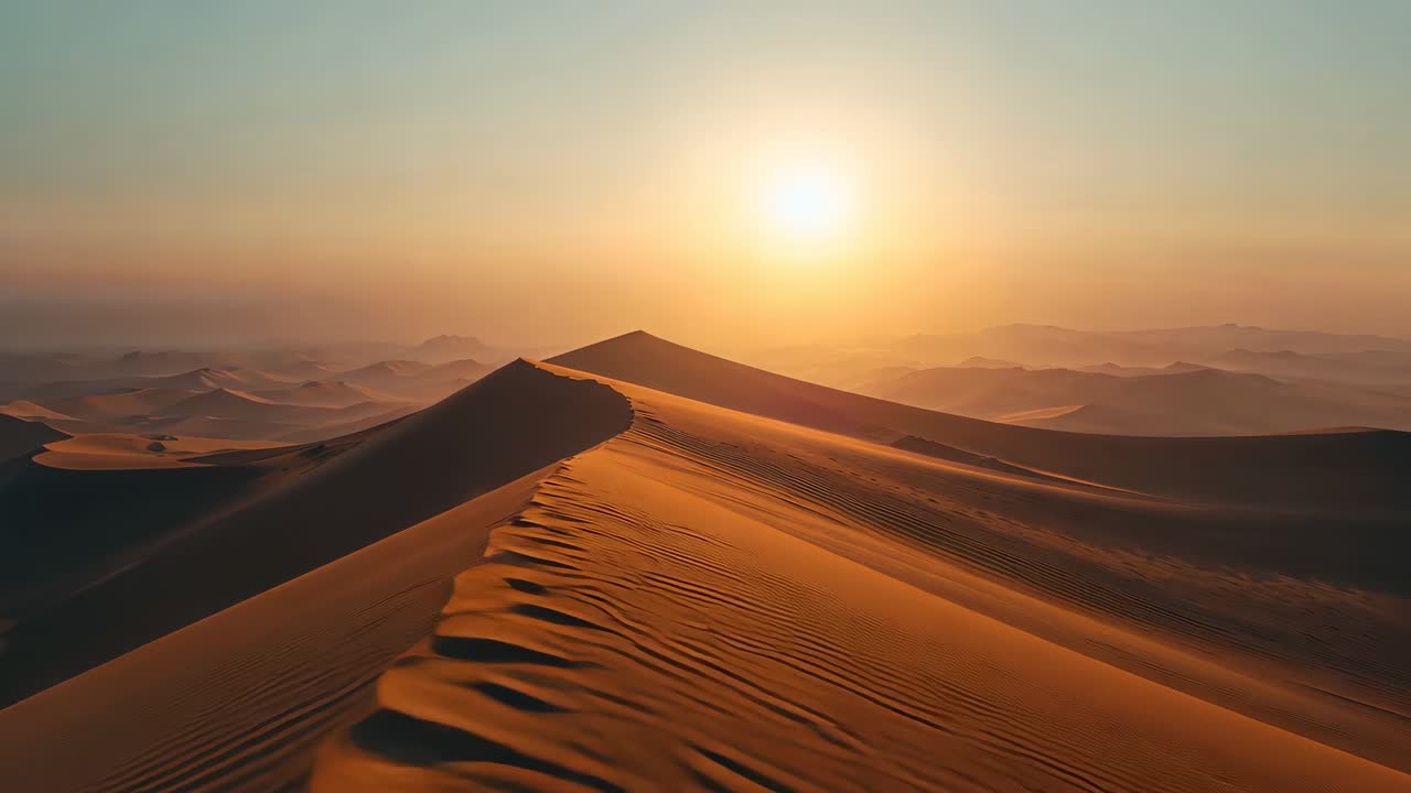 Launching drone, camera gliding along main sand dune crest over desert dunes revealing ripples