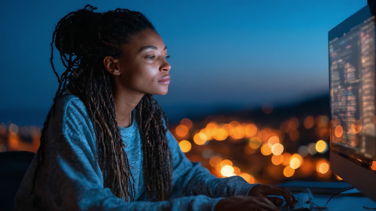 Focused Individual Working on a Computer at Night with a Cityscape in the Background, Engaging with Technology and Coding in a Modern Environment