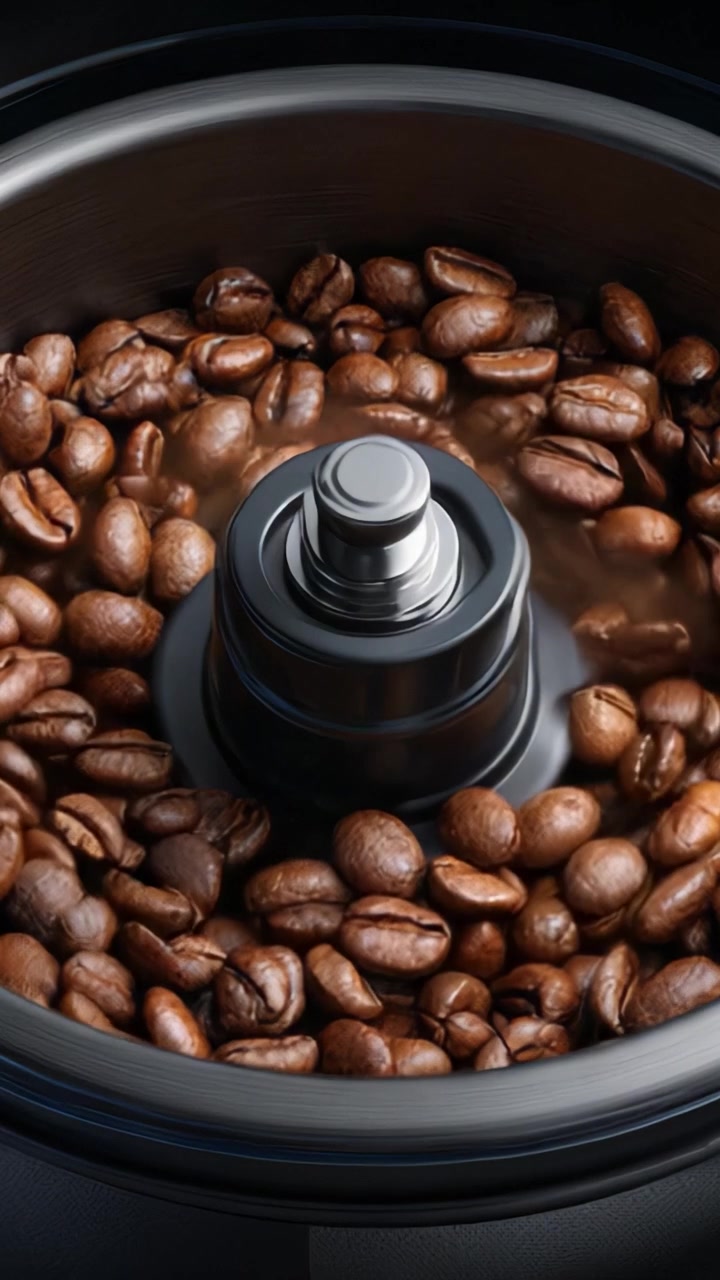 Chicchi di caffè appena macinati che ruotano in un macinacaffè, mettendo in mostra il processo aromatico di macinazione del caffè ricco e tostato scuro per una bevanda gustosa.