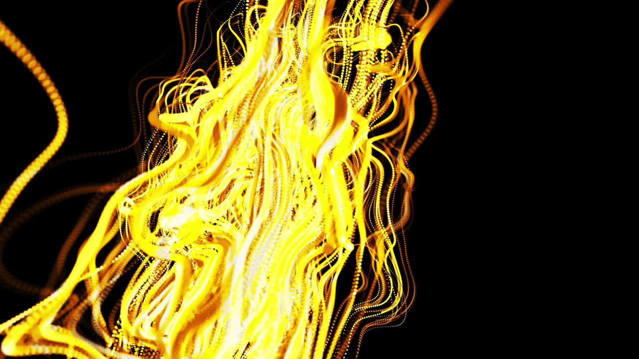 abstracto hermoso fondo de amarillo brillante flujo de líneas hechas de partículas. líneas crecen y forman abstractos hermosos rizos en el espacio. hermoso flujo de líneas de racimo en movimiento. hermosas rizos.