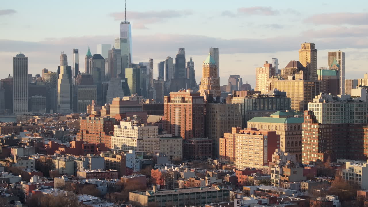 Aerial view of the New York City Financial District. Shot on a winter day in Brooklyn.