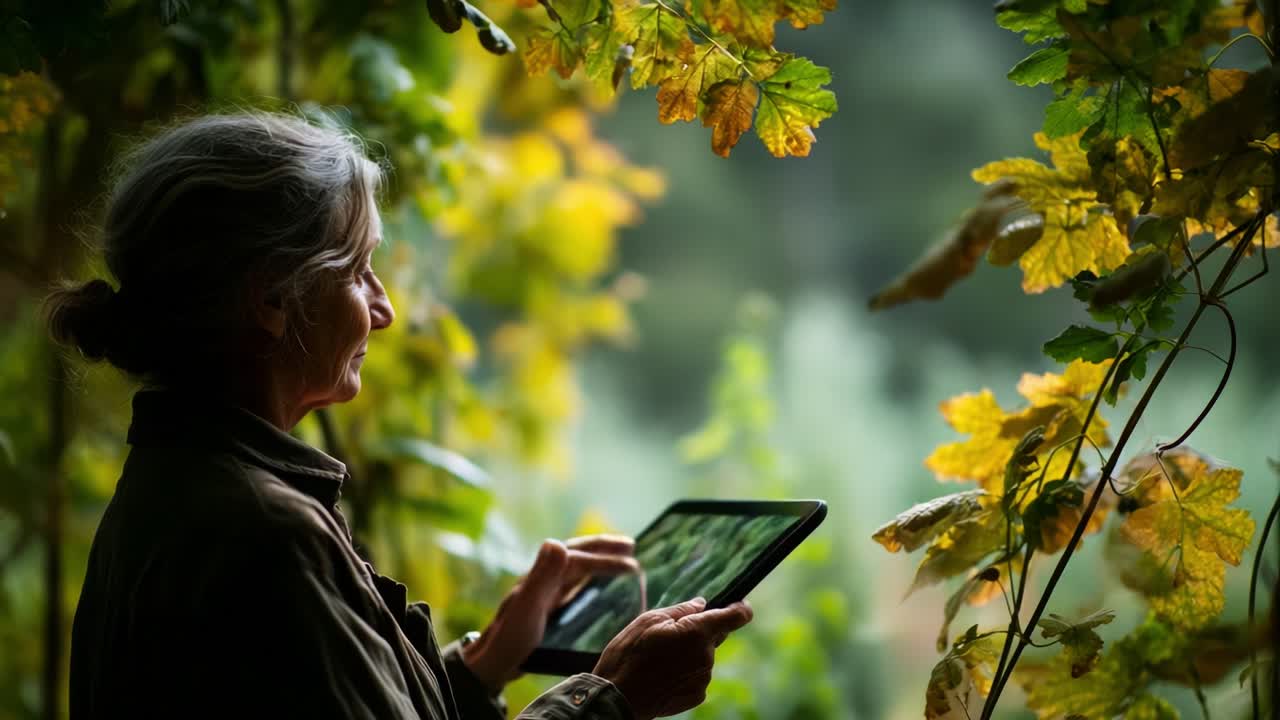 A woman in a serene environment interacts with a tablet, surrounded by lush greenery and vibrant leaves, highlighting the harmony between nature and technology in daily life