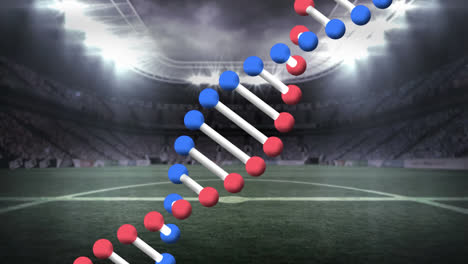 Animación-De-Una-Cadena-De-ADN-En-Rotación-Sobre-Un-Estadio-Deportivo.