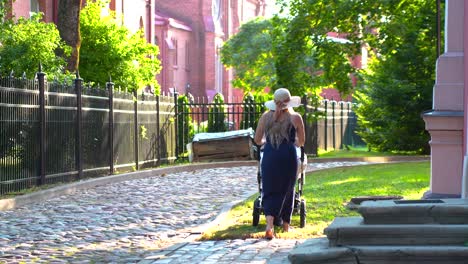 young mother walking with her baby's stroller in the park of an upscale residential neighborhood