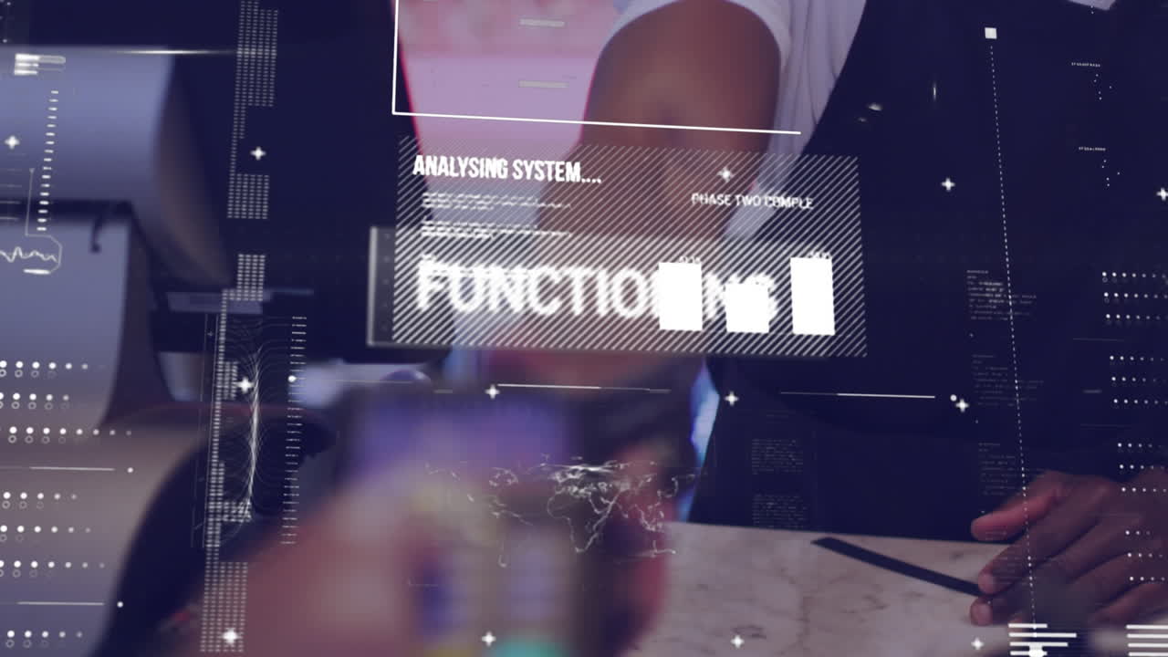 Animation af digital grænseflade og analyseinformation med butiksindehaver iført ansigtsmaske