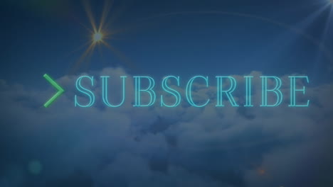 animation of arrows and subscribe text with lens flares flying against aerial view of dense clouds