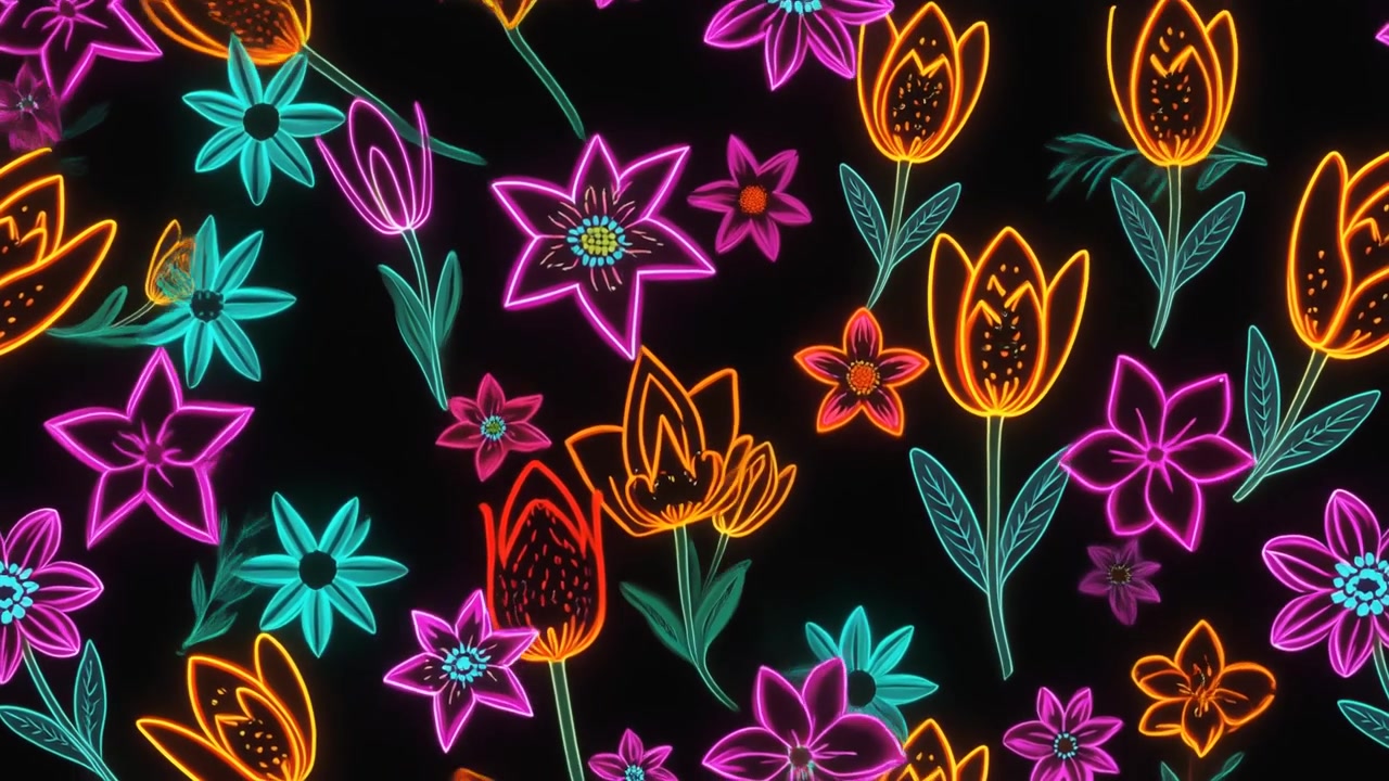 Motivo Floreale Animato al Neon con Fiori Luminosi su Sfondo Nero