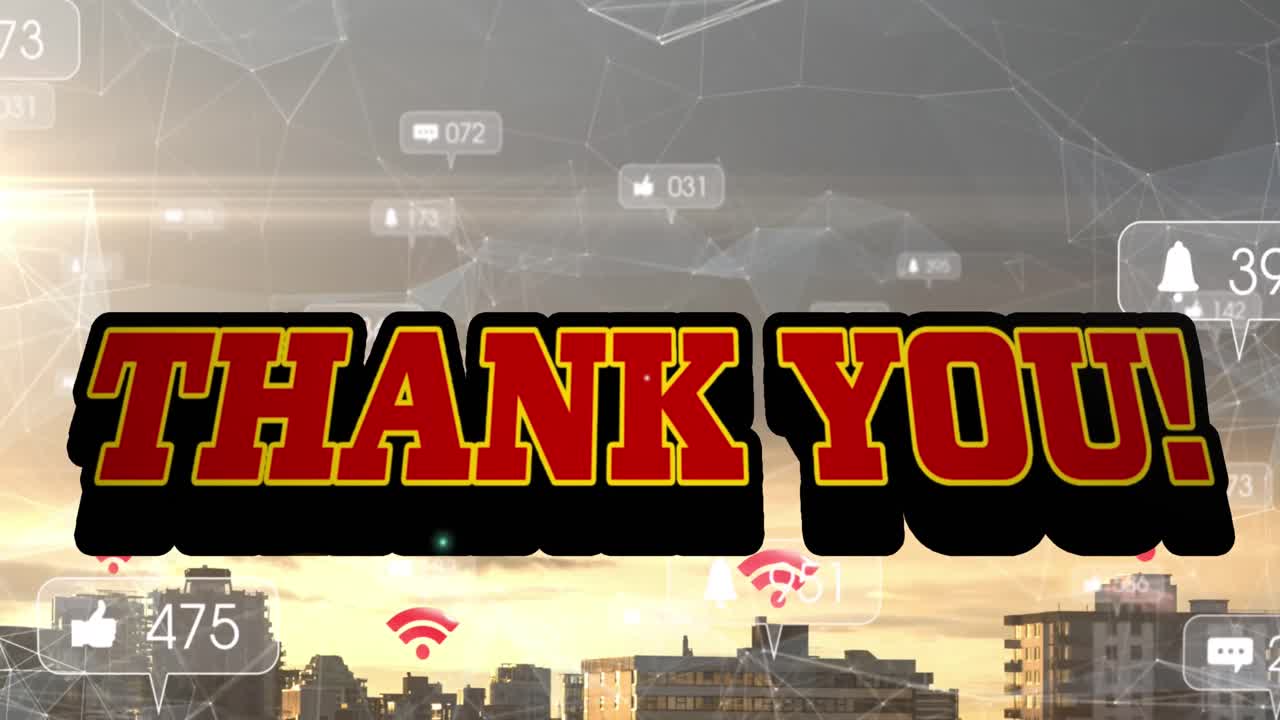 도시 풍경 위에서 성장하는 감사 텍스트와 숫자의 애니메이션