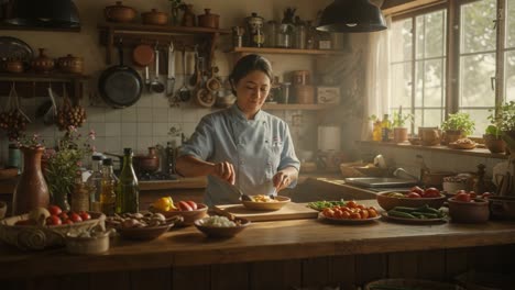 a passionate chef prepares fresh ingredients in a cozy kitchen, showcasing culinary skills with a beautiful display of vegetables and herbs