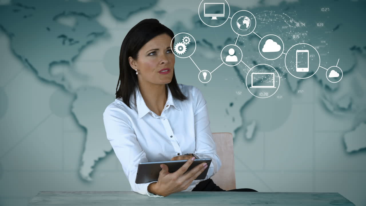 mujer de negocios mirando gráficos digitales 3d