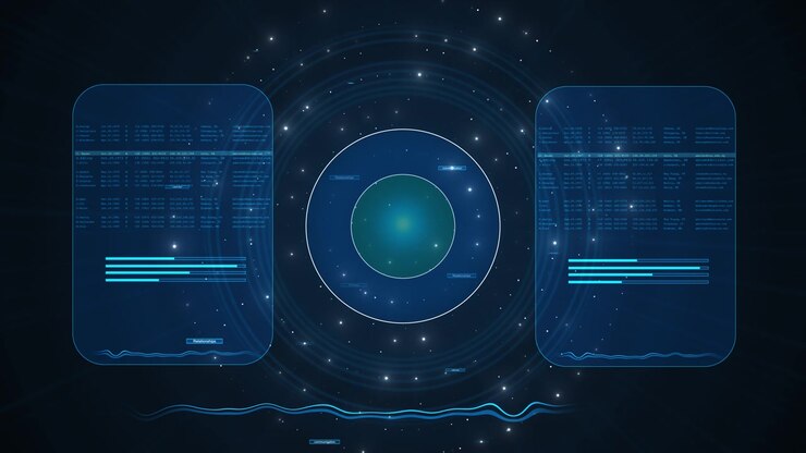 Circular scanner transparent data panels charts digital records security network monitoring