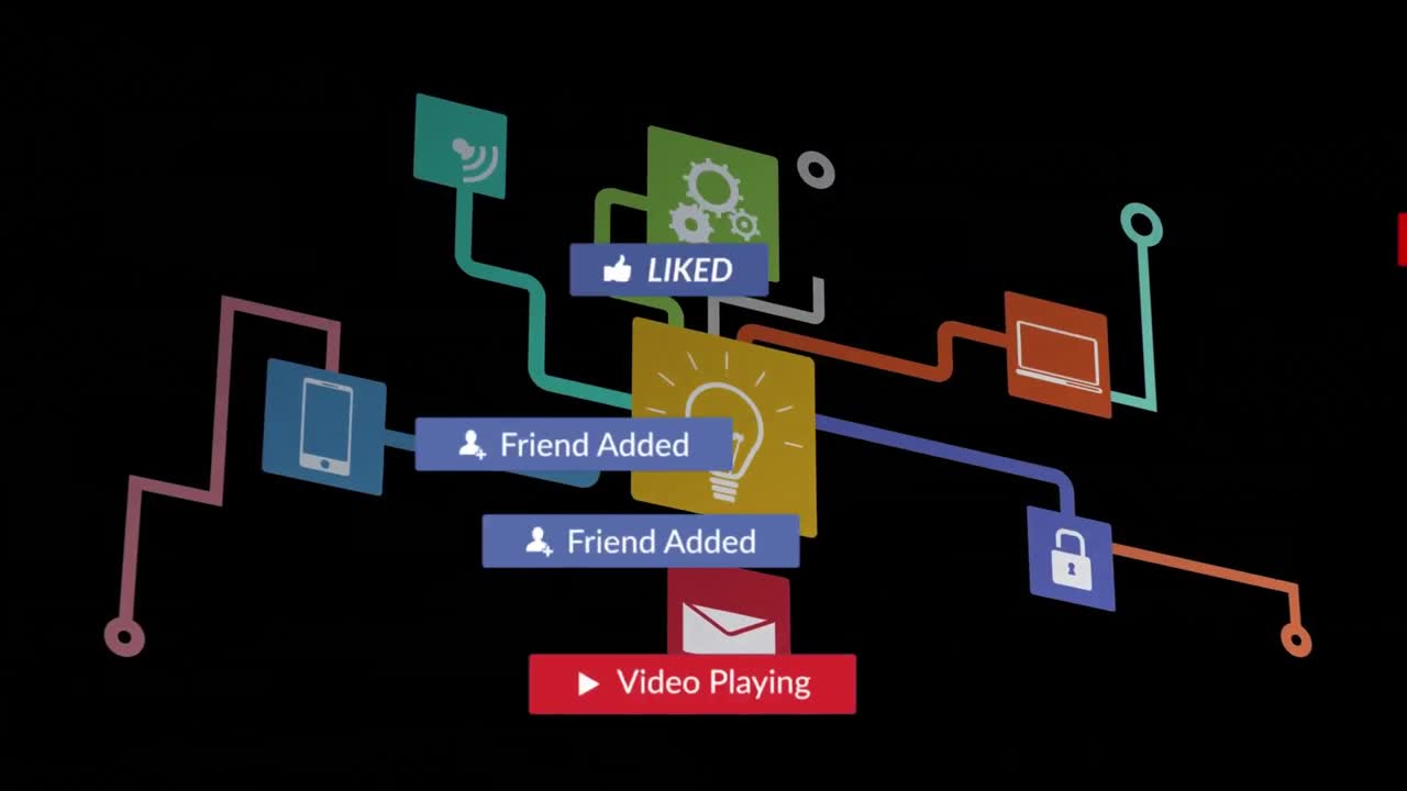 검은 바탕에 디지털 아이콘이 있는 배너에 있는 소셜 미디어 텍스트의 애니메이션