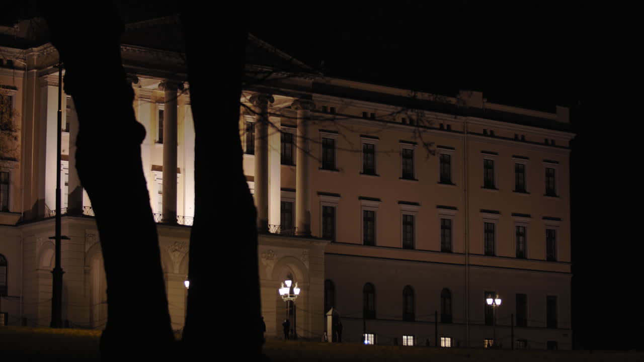 Stabilized wide shot of dark black trees and branches moving in parallax motion in front of illuminated Norwegian Royal Palace building on top of Karl Johan street, at night in Oslo Norway