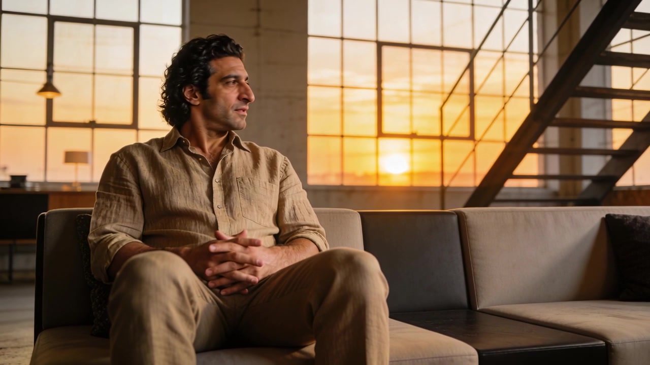 Homem sentado no sofá do loft reagindo à luz do pôr do sol, com as mãos unidas, virando o olhar para a escada da janela