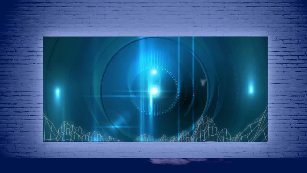 벽돌 벽 위의 화면에 메타버스와 함께 스크린 세이버의 애니메이션