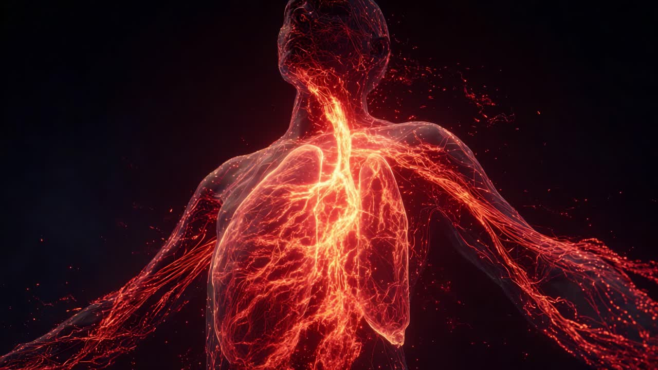 En betagende visualisering af menneskekroppen, der viser et indviklet netværk af levende og glødende blodkar, som fremhæver den essentielle rolle, kredsløbssystemet spiller i opretholdelsen af livet