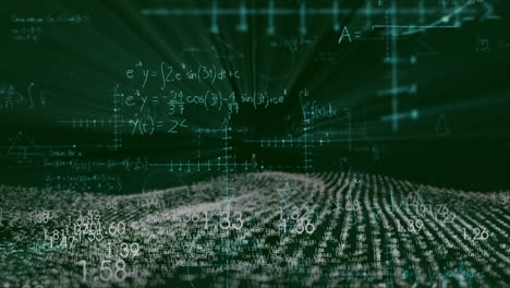 Animation of mathematical equations and graphs in digital landscape with green hues