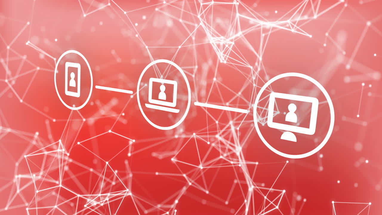 Animation of media icons and shapes on red background