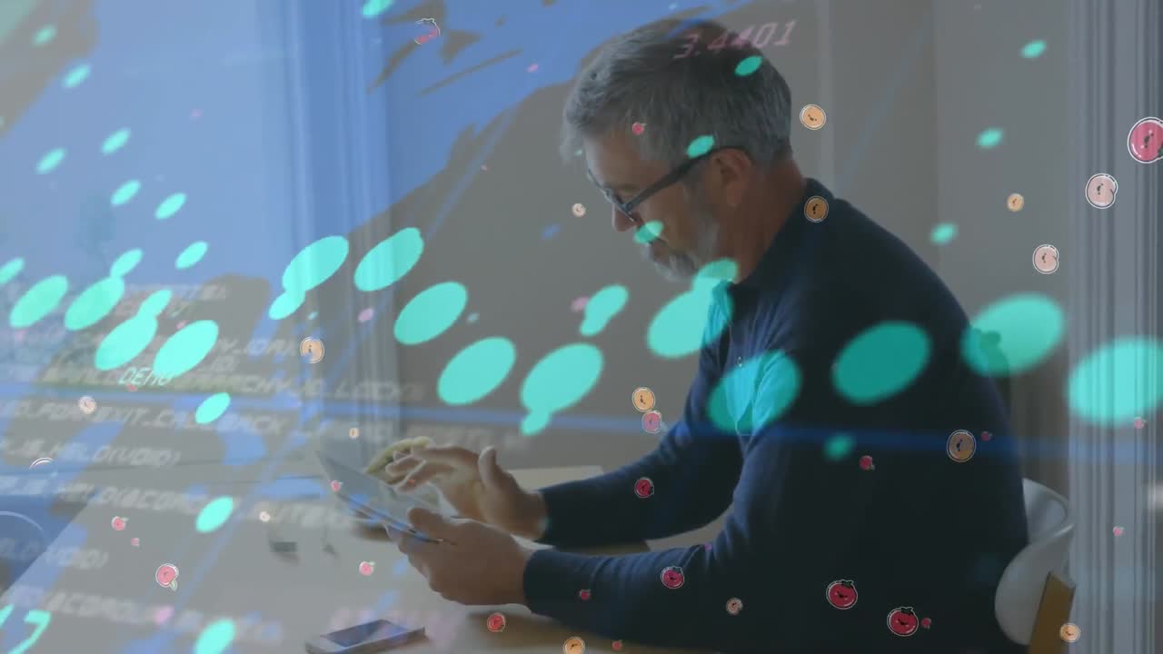 Animation of data processing over man using smartphone