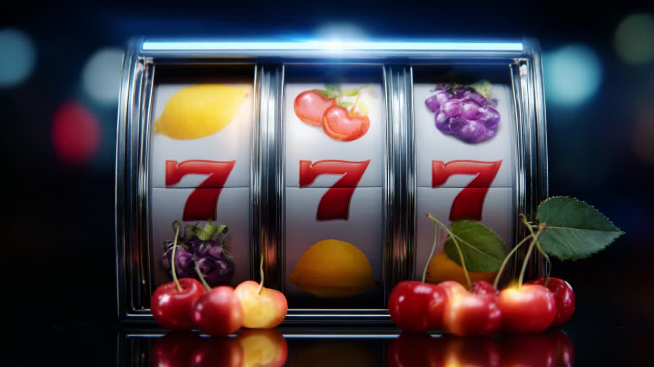 A visually captivating representation of a classic slot machine featuring vibrant fruit symbols and bold number sevens, showcasing the thrill of gaming and luck in an engaging design that sparks excitement
