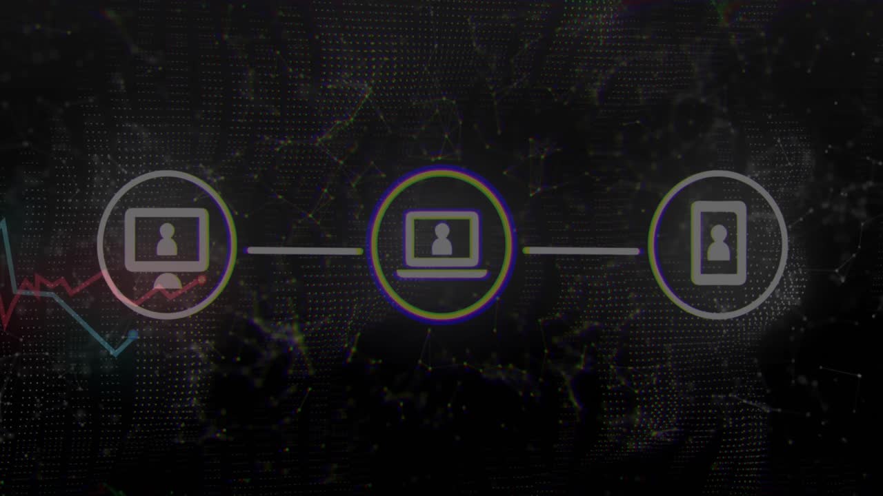 Animation of connections of technology icons over black background