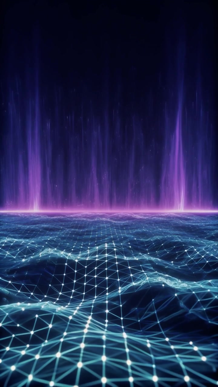 Abstract Digital Grid Landscape with Glowing Purple Light Beams
